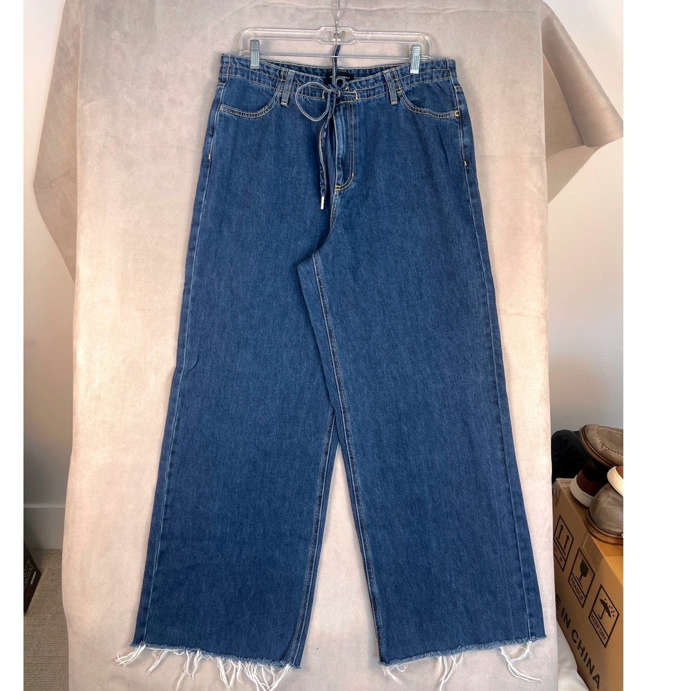 Free Assembly Womens Wide Leg Drawstring Jeans Blue Raw Hem Size 6 Comfy Casual